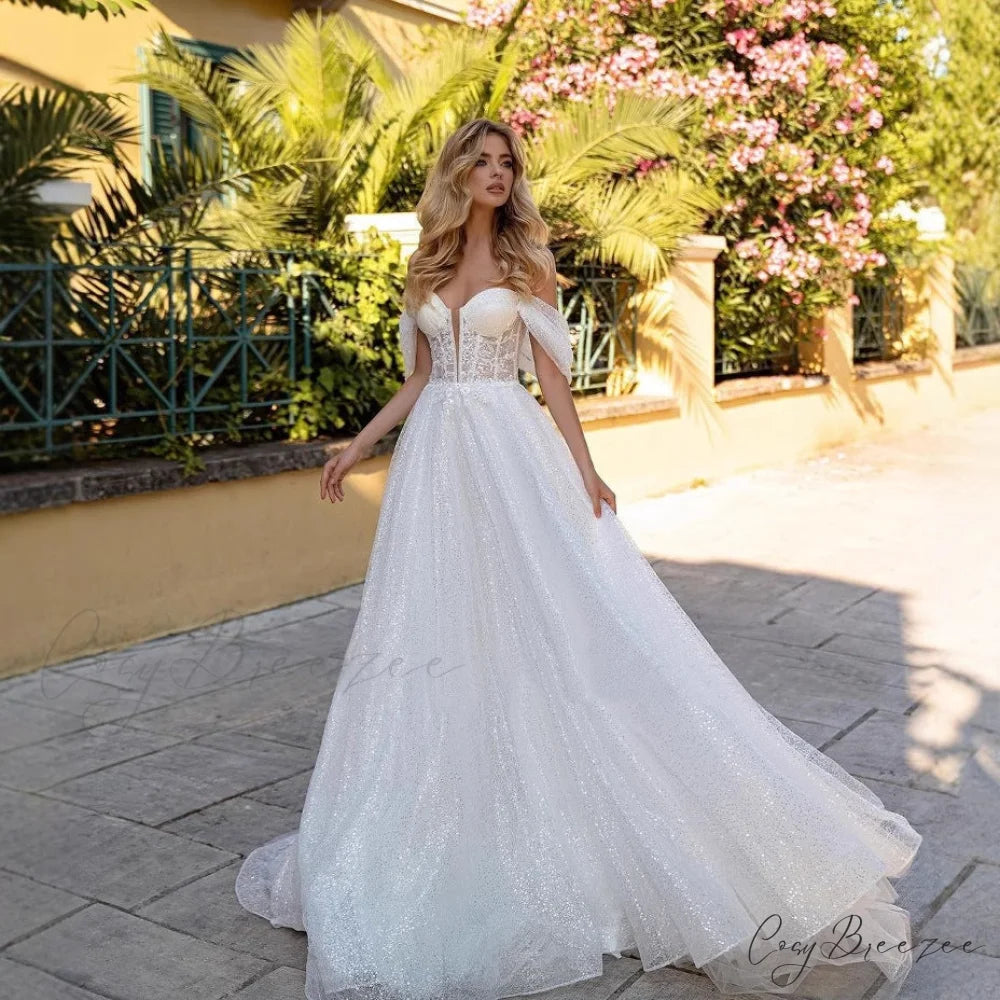 Off-Shoulder Deep V Sparkle Wedding Dress weddingdress-250223