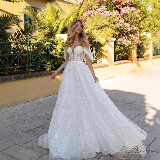 Off-Shoulder Deep V Sparkle Wedding Dress weddingdress-250223