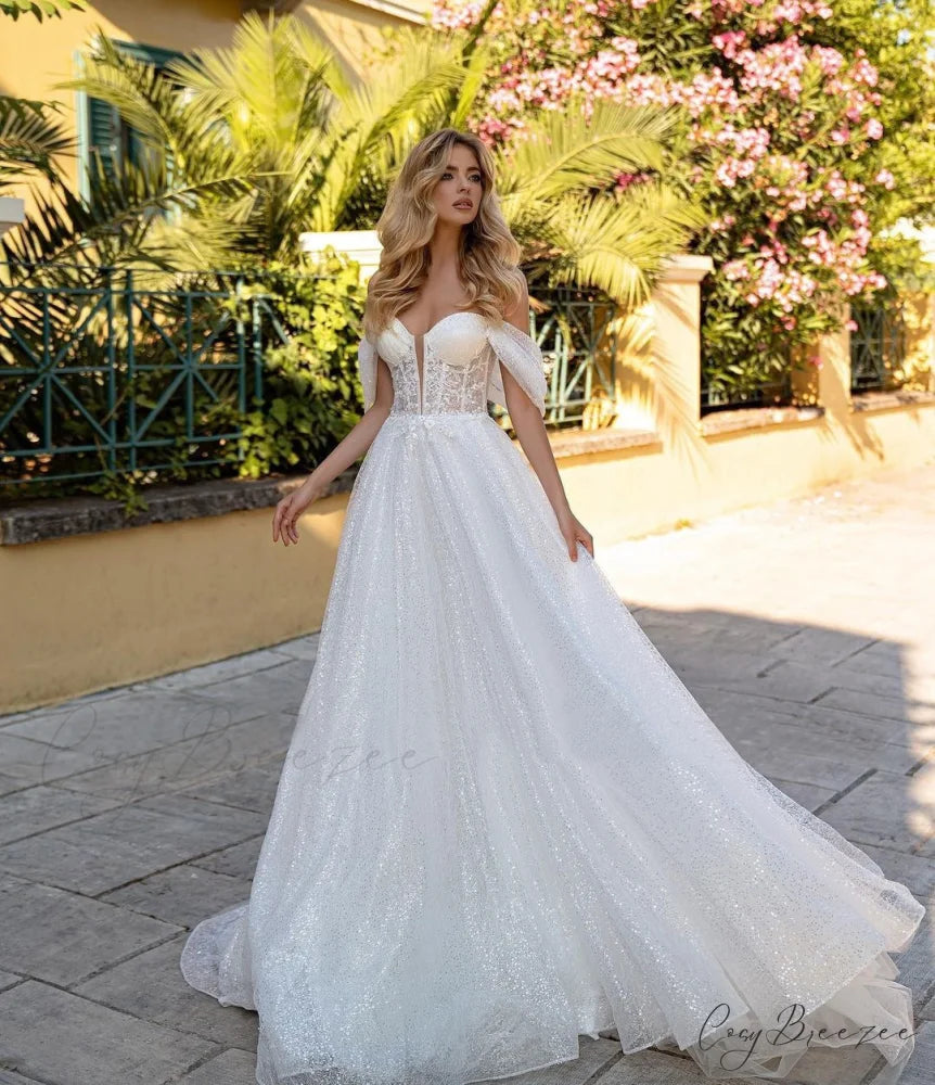 Off-Shoulder Deep V Sparkle Wedding Dress White / 2 weddingdress-250223