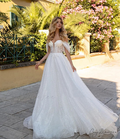 Off-Shoulder Deep V Sparkle Wedding Dress White / 2 weddingdress-250223