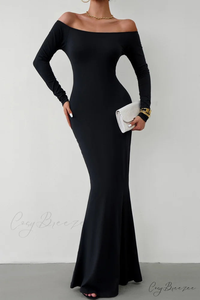 Off Shoulder Fishtail Dress Black / S