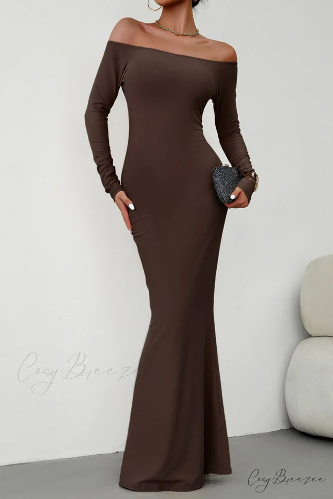 Off Shoulder Fishtail Dress Coffee / L