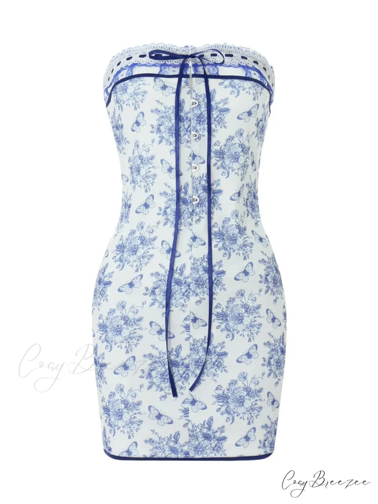 Off Shoulder Floral Print Lace-Up Boho Dress