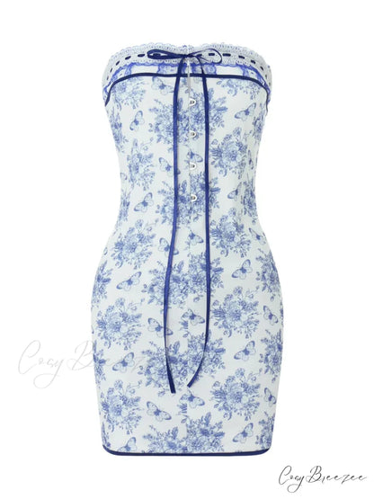 Off Shoulder Floral Print Lace-Up Boho Dress