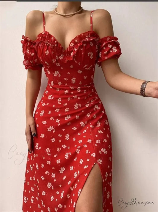 Off Shoulder Frilly Suspender V-neck Split Floral A-Line Midi Dress