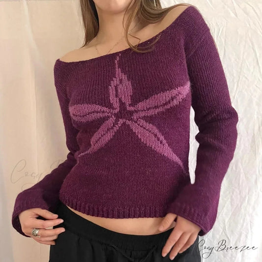 Off Shoulder Graphic Print Sweater Long Sleeve Knit Top Women RED / S knittop-250126