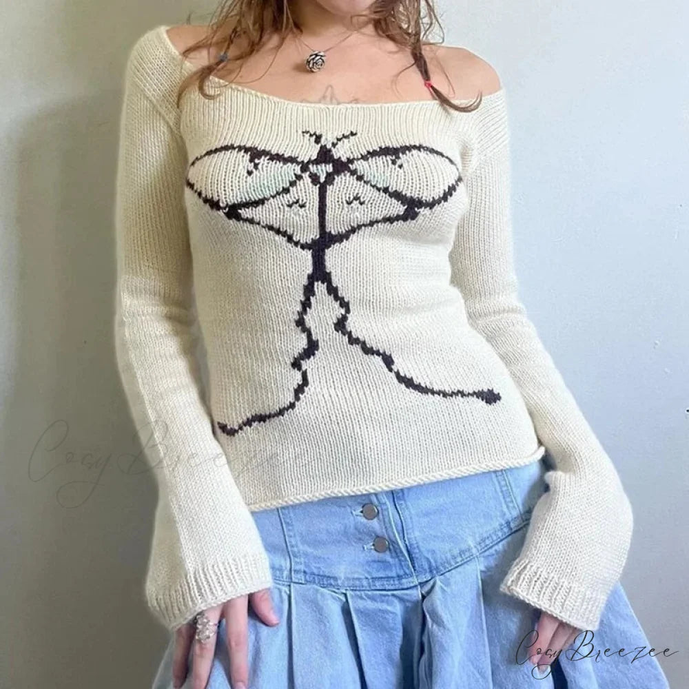 Off Shoulder Graphic Print Sweater Long Sleeve Knit Top Women WHITE / S knittop-250126