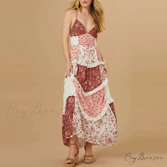 Off-Shoulder High Waist Pleated Floral Dress pink / S