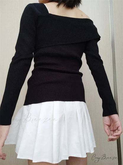 Off Shoulder Irregular Neck Long Sleeve Ribbed Knitted T-shirts