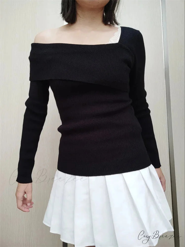 Off Shoulder Irregular Neck Long Sleeve Ribbed Knitted T-shirts BLACK / XS