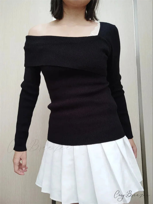Off Shoulder Irregular Neck Long Sleeve Ribbed Knitted T-shirts BLACK / XS