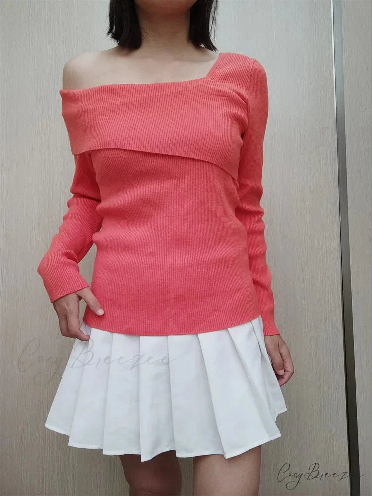 Off Shoulder Irregular Neck Long Sleeve Ribbed Knitted T-shirts PINK / XS
