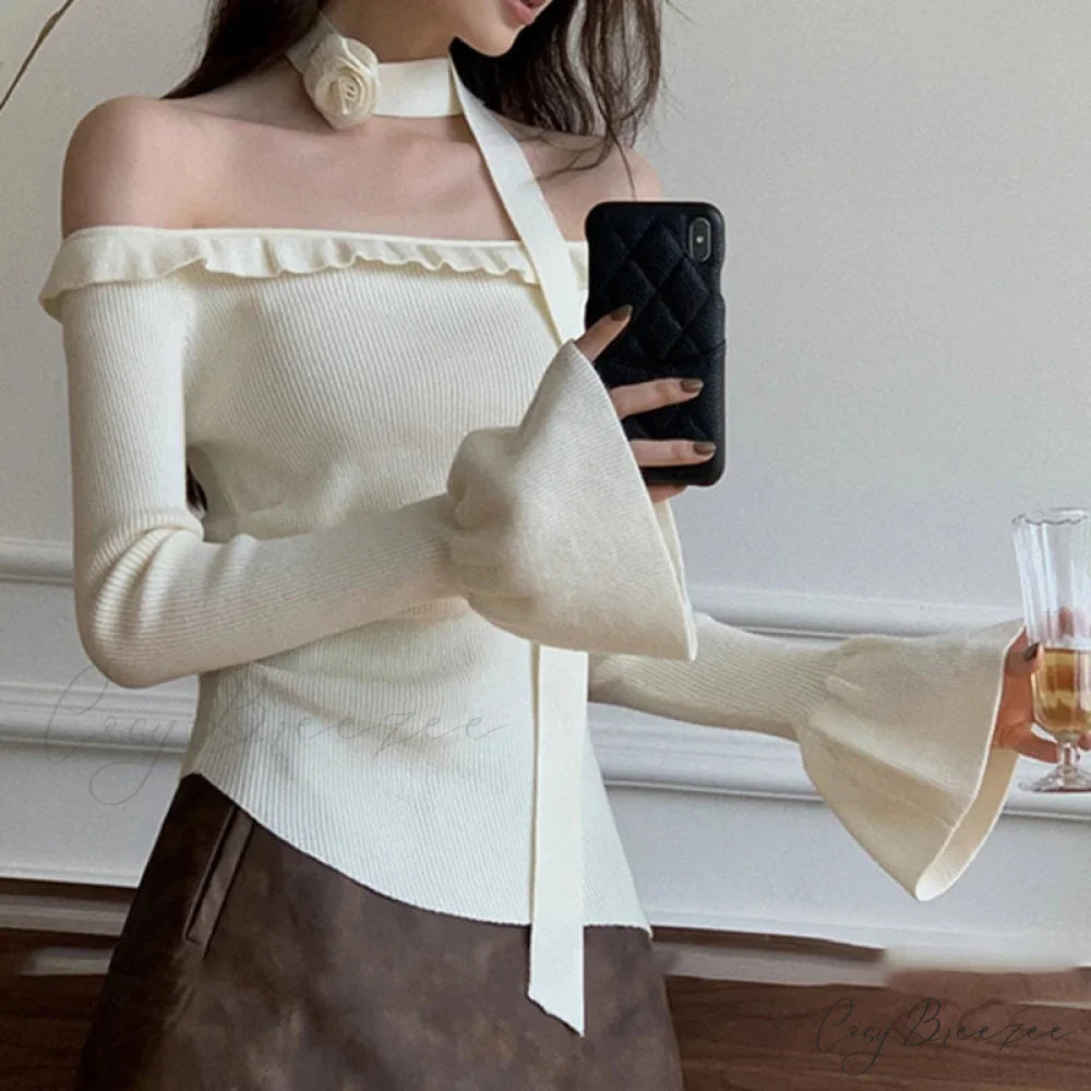 Off Shoulder Knit Crop Long Flare Sleeve Ruffle Trim Knit Top knittop-250126