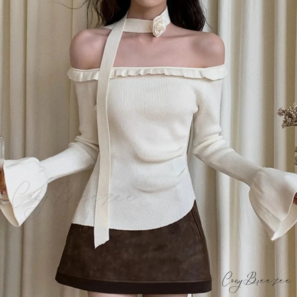 Off Shoulder Knit Crop Long Flare Sleeve Ruffle Trim Knit Top WHITE / One Size knittop-250126