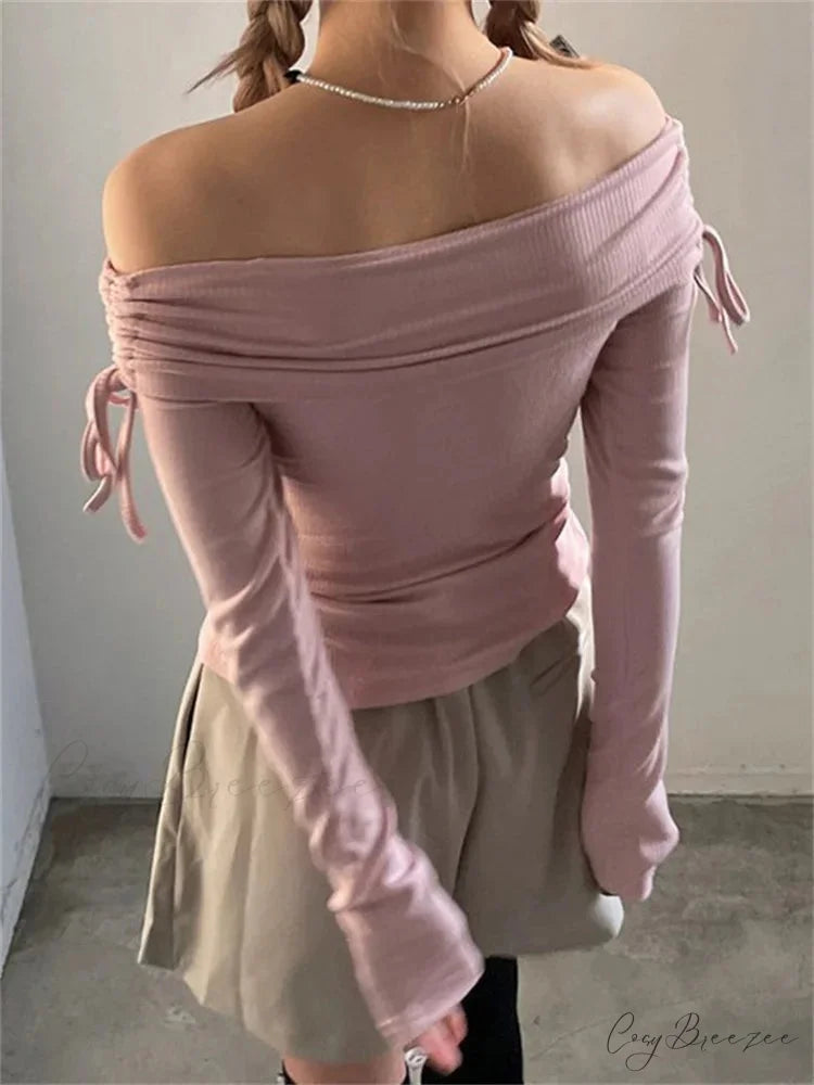 Off Shoulder Knitted Long Sleeve Solid Color Buttoned Front Split T-Shirts