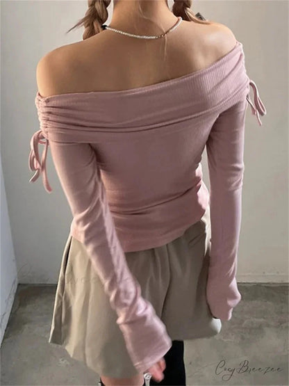 Off Shoulder Knitted Long Sleeve Solid Color Buttoned Front Split T-Shirts
