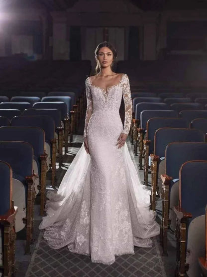 Off-Shoulder Lace Mermaid Bridal Wedding Dress lvory white / 2 weddingdress-250223