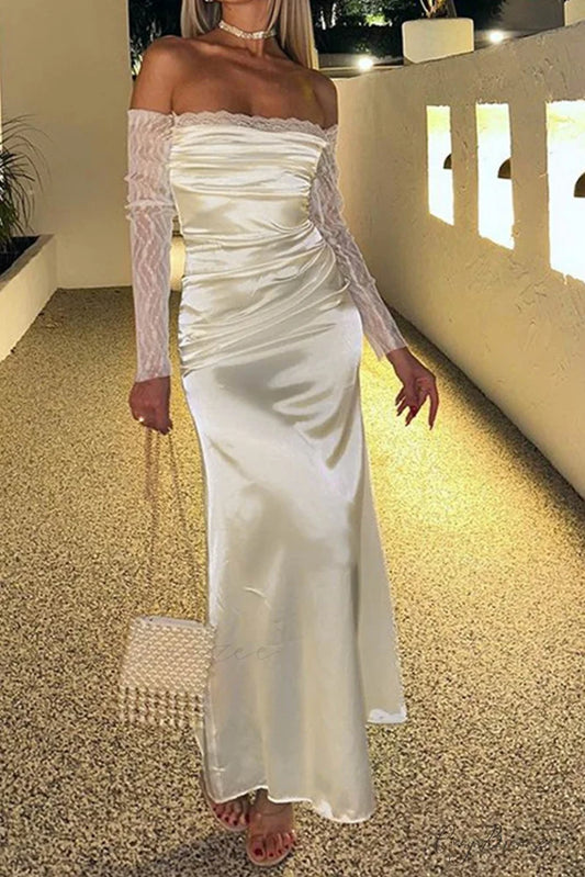 Off Shoulder Lace Sleeve Satin Ruched Dress Champagne / S