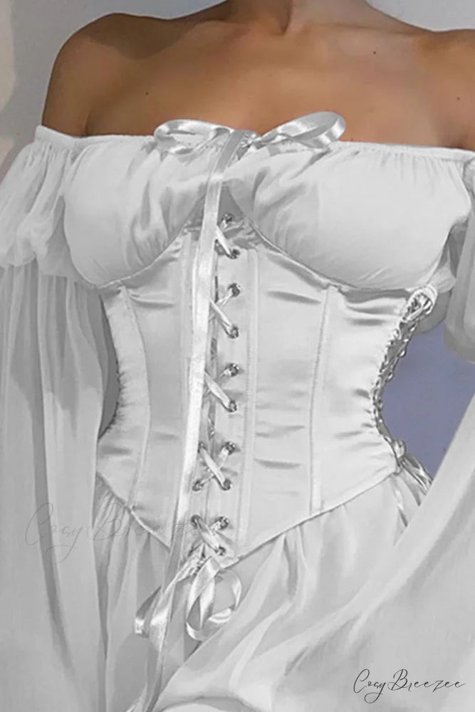 Off Shoulder Lace-up Corset Ruched Dress White / Girdling / S