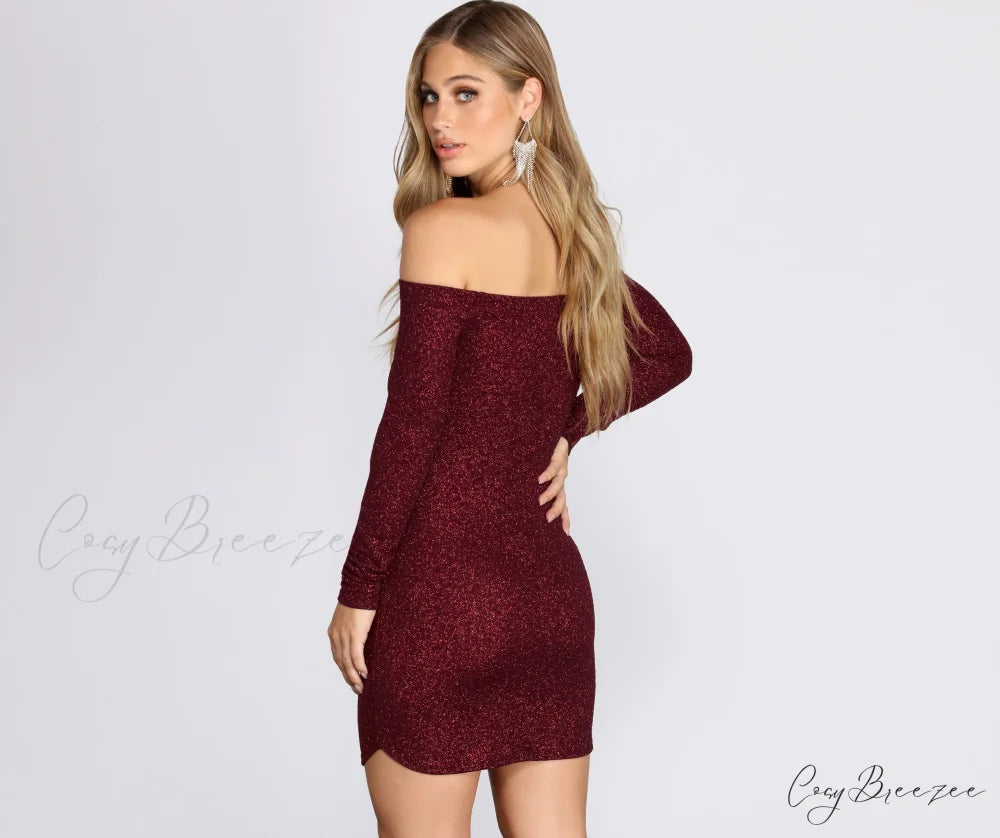 Off Shoulder Long Charming Sleeve Glittering Mini Dress