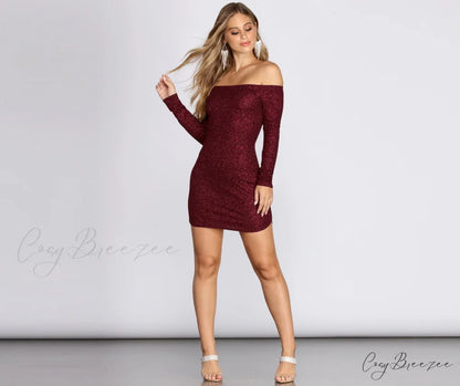 Off Shoulder Long Charming Sleeve Glittering Mini Dress