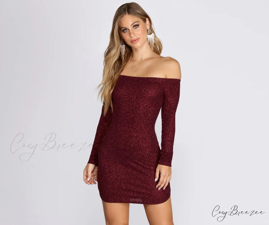 Off Shoulder Long Charming Sleeve Glittering Mini Dress BURGUNDY / XS
