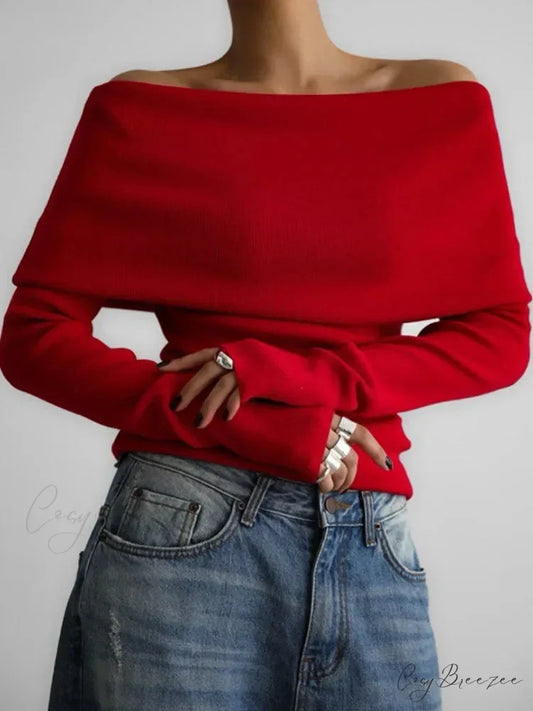 Off Shoulder Long Sleeve Skinny Sweater RED / S swraters-241228