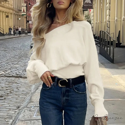 Off-Shoulder Long-Sleeved Knitted Sweater Apricot / S swraters-241228