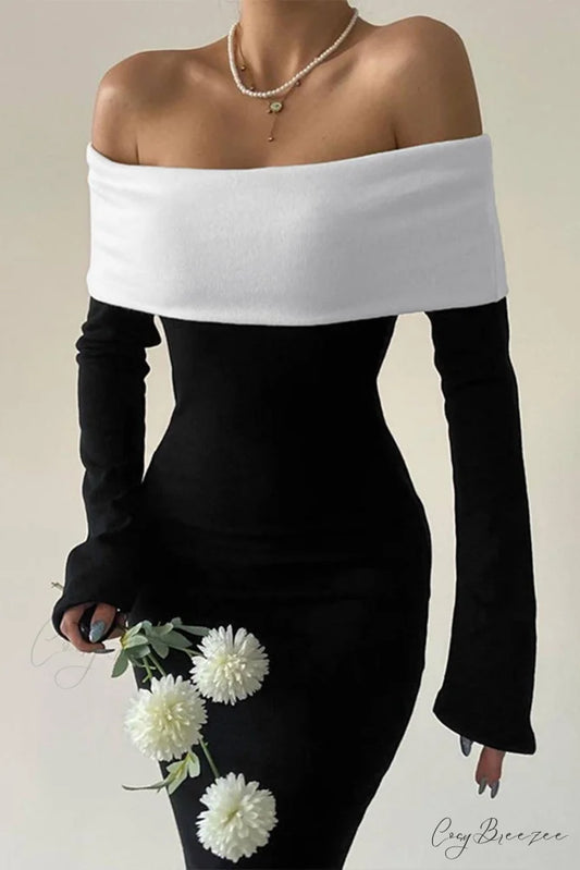 Off Shoulder Maxi Dress with Contrast Black / S