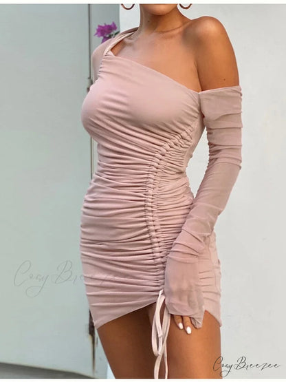 Off shoulder Mesh Charming Long Sleeve Drawstring Dress