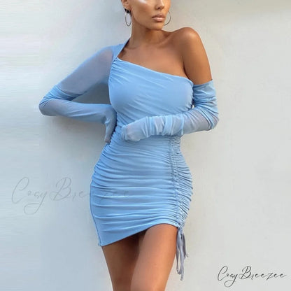 Off shoulder Mesh Charming Long Sleeve Drawstring Dress Blue / XS / China