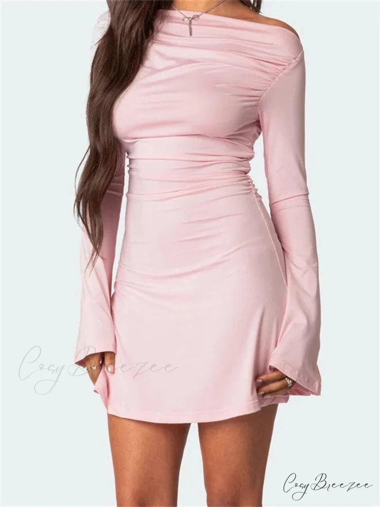 Off Shoulder Ruched Fashion Long Sleeve Irregular Neck Mini Dress