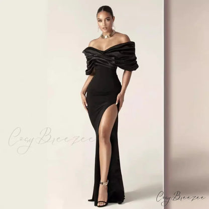 Off-Shoulder Ruched Slit Prom Dress promdress-250223