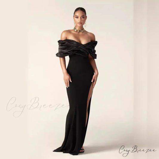 Off-Shoulder Ruched Slit Prom Dress promdress-250223