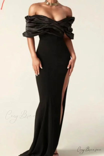 Off Shoulder Ruched Slit Satin Maxi Prom Dress black / S promdress-250223