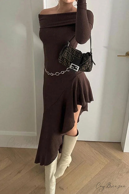 Off Shoulder Ruffle Hem Knit Dress Brown / S