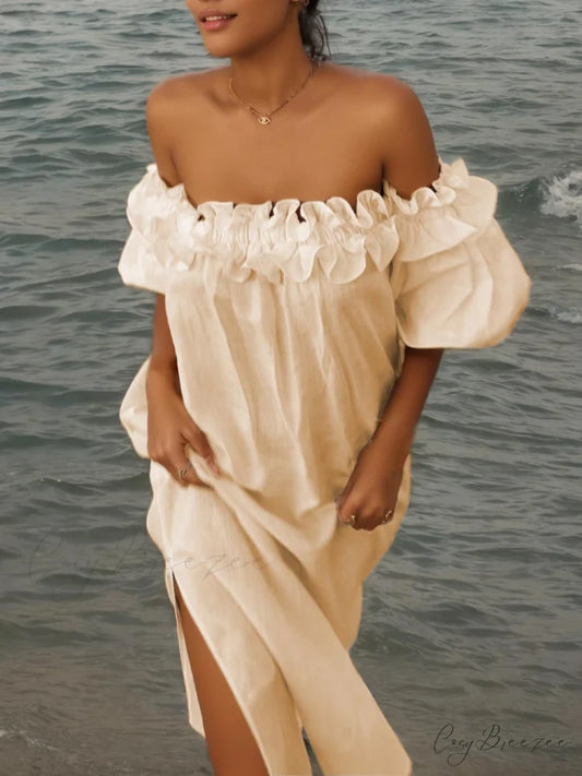 Off Shoulder Ruffle Puff Graceful Sleeve Pocketed Midi Dress White / S