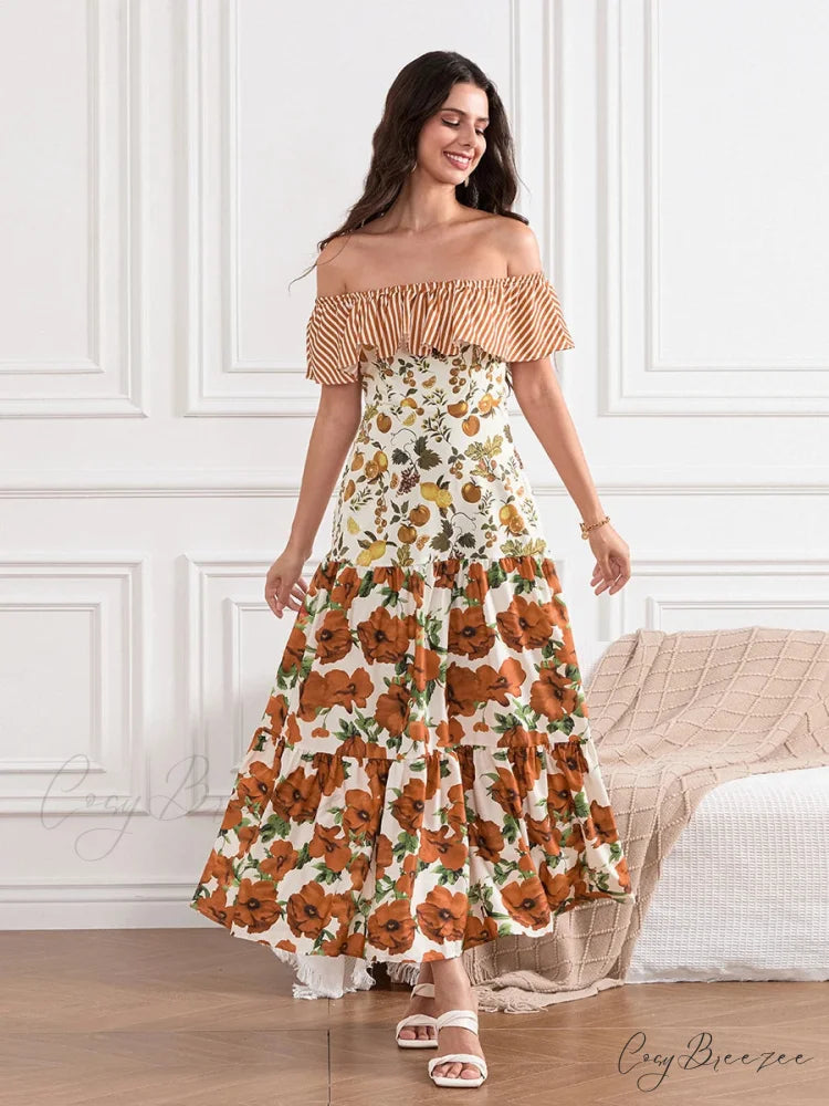 Off-Shoulder Ruffled Ruched Vintage Striped Fruit Flower Dress floraldress-250126