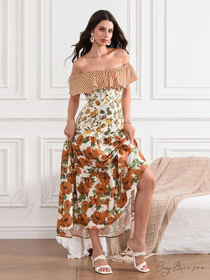 Off-Shoulder Ruffled Ruched Vintage Striped Fruit Flower Dress floraldress-250126