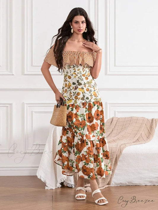 Off-Shoulder Ruffled Ruched Vintage Striped Fruit Flower Dress floraldress-250126