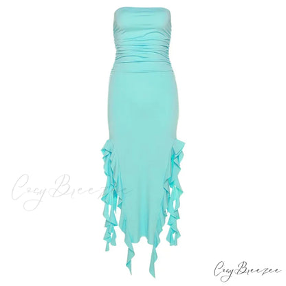 Off Shoulder Ruffles Women’s Elegant Strapless Sleeveless Slim Midi Dress 2024 Summer Fashion Evening Party Blue / S