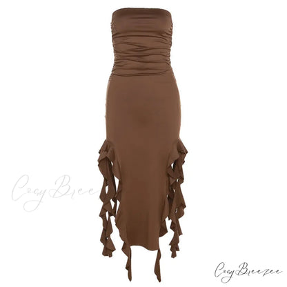 Off Shoulder Ruffles Women’s Elegant Strapless Sleeveless Slim Midi Dress 2024 Summer Fashion Evening Party Brown / S