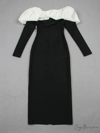Off Shoulder Satin Charming Long SLeeve Midi Dress