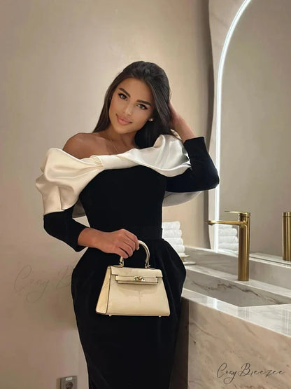 Off Shoulder Satin Charming Long SLeeve Midi Dress