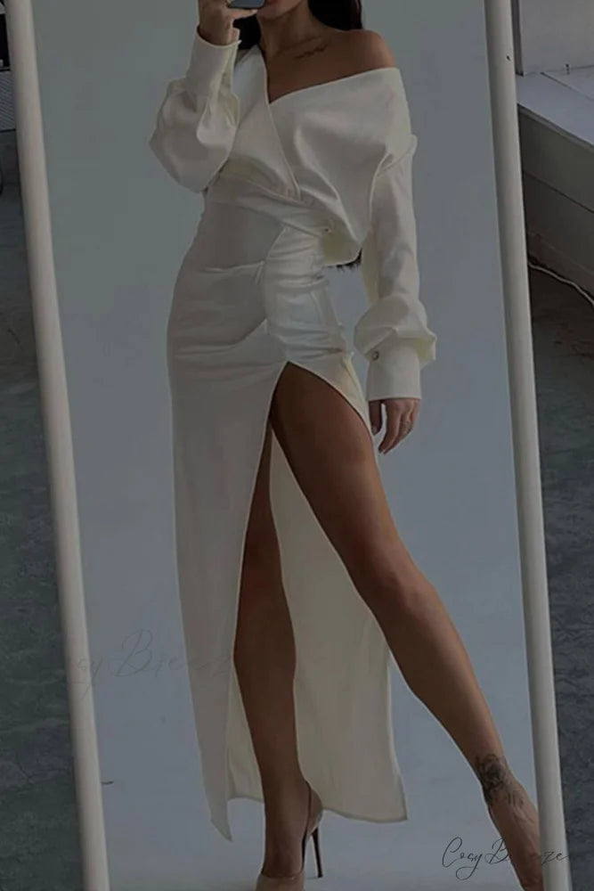 Off Shoulder Satin Dress with Gathered Silt