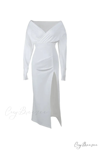 Off Shoulder Satin Dress with Gathered Silt