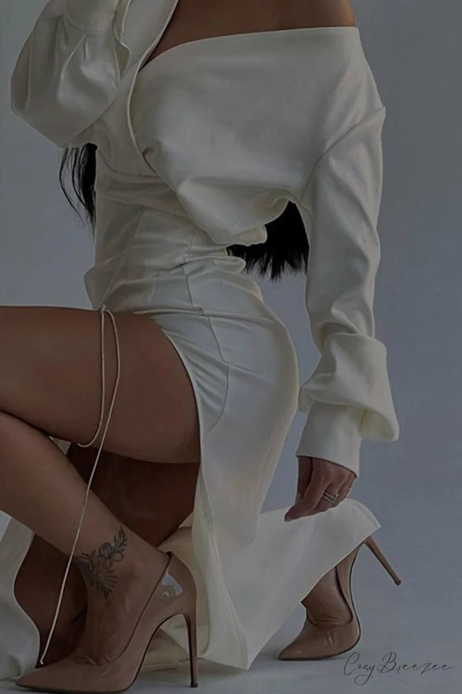 Off Shoulder Satin Dress with Gathered Silt