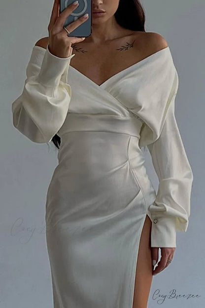 Off Shoulder Satin Dress with Gathered Silt White / L