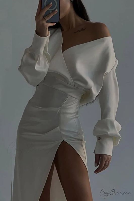 Off Shoulder Satin Dress with Gathered Silt White / S