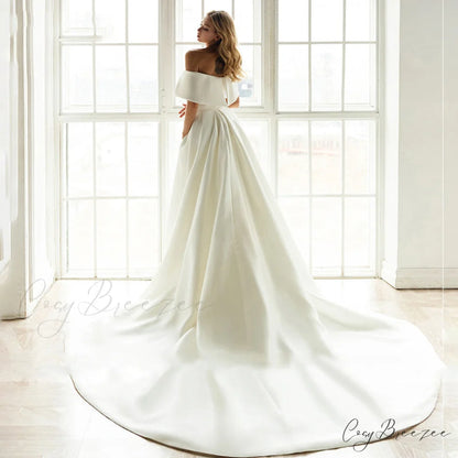 Off-Shoulder Satin Tail Wedding Dress weddingdress-250223